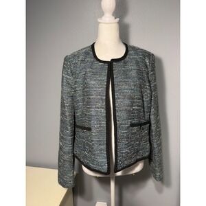 Roz & Ali Womens Large Blue Tweed Open Front Blazer Jacket Braided Trim Lined